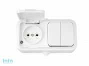 Блок выкл. 2 клав. + розетка (открытая, б/з, брызг. защ.) белая, Пралеска Аква, Bylectrica (Блок выключатель двухклавишный + розетка брызгозащищенный