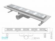 Сливной трап горизонтальный D 50, решетка нерж. с площадкой под плитку, 65х700мм, NOVA