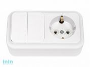 Блок выкл. 2 клав. + розетка (открытая, с/з) белая, Пралеска, BYLECTRICA (Гарантийный срок:24 месяца)