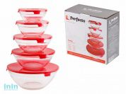 Набор салатников стеклянных с крышками 5шт., Позитиво (Positivo), PERFECTO LINEA (170мм- 1,0л , 140мм-0,5 л, 125мм-0,35 л, 104мм-0,25 л, 90мм-0,15 л)