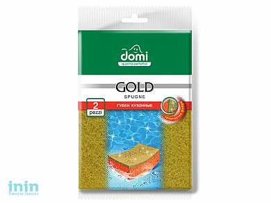 Губки кухонные золото 2 шт DOMI (Состав: поролон-оранжевый, фибра- золотистая. Размер губки: 100х67х37мм)