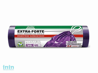 Пакеты для мусора 35л/15шт c затяжкой DOMI (Материал: LDPE (ПЭВД). Размер: 50х55см. Толщина: 24мкм. Цвет: синий/черный. Тип дна: прямое.)