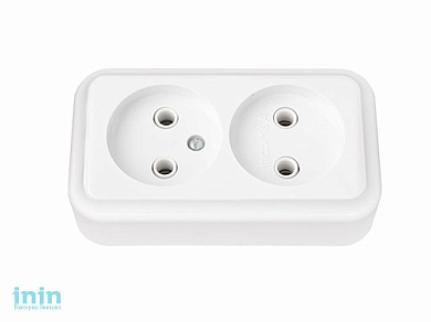 Розетка 2-ая (открытая, б/з) белая, Bylectrica (Розетка двухместная открытой установки      Без задн. стенки (крышки) Гарантийный срок:24 месяца)