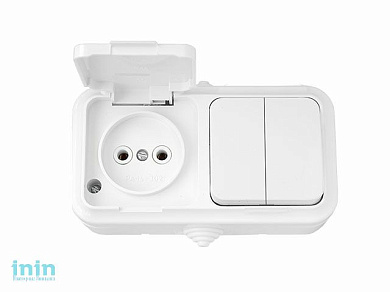 Блок выкл. 2 клав. + розетка (открытая, б/з, брызг. защ.) белая, Пралеска Аква, Bylectrica (Блок выключатель двухклавишный + розетка брызгозащищенный