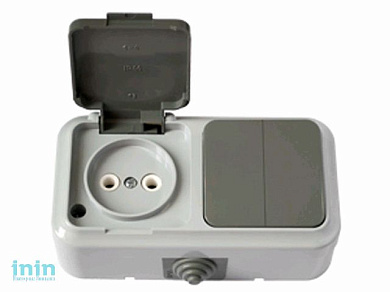 Блок выкл. 2 клав. + розетка (открытая, б/з, брызг. защ.) серая, Пралеска Аква, Bylectrica (Гарантийный срок:24 месяца)