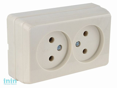 Розетка 2-ая (открытая, б/з, керамика) кремовая, BRON, MUTLUSAN (16 A, 250 V, IP 20)