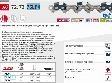 Цепь 37 см 15" 3/8" 1.6 мм 56 зв. 75LPX OREGON (затачиваются напильником 5.5 мм, для проф. интенсивного использования)