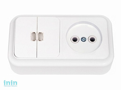 Блок выкл. 2 клав. + розетка (открытая, б/з) со световой индикацией,белая, Пралеска, BYLECTRICA (Гарантийный срок:24 месяца)