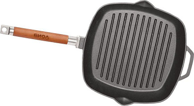 Сковорода гриль чугунная квадратная 260х260 с деревянной ручкой арт. 10241