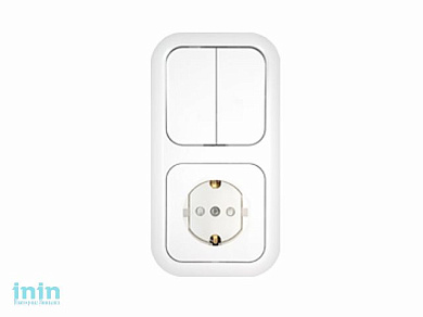 Блок выкл. 2 клав. + розетка (скрытая, с/з, со шторками) белая, Гармония, Bylectrica (Выключатель двухклавишный + розетка с заземляющим контактом со ш