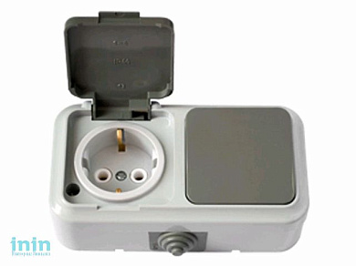 Блок выкл. 1 клав. + розетка (открытая, с/з, брызг. защ.) серая, Пралеска Аква, Bylectrica (Гарантийный срок:24 месяца)