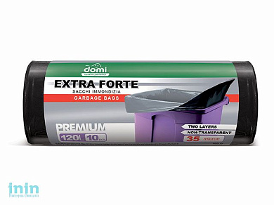 Пакеты для мусора 120л/10шт DOMI (Материал: LDPE (ПЭВД). Размер: 70х109cm. Толщина: 35мкм. Цвет: черный/серый. Тип дна: прямое)