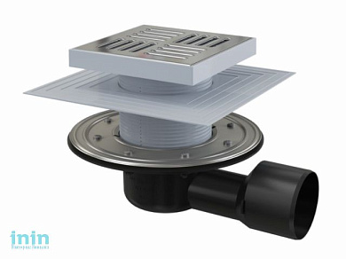 Сливной трап 150х150/50/75, боковой сток, решетка - нерж. сталь, гидрозатвор - комб. Alcaplast (Сливной трап 150х150/50/75, боковой сток, решетка - не
