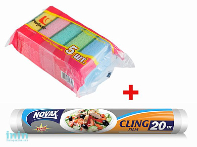 Губки кухонные, 5 шт., 90х60х31 мм, PERFECTO LINEA + Пленка для продуктов 20м NV