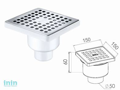Сливной трап вертикальный D 50, с сухим затвором, решетка нерж. 150х150 мм, NOVA