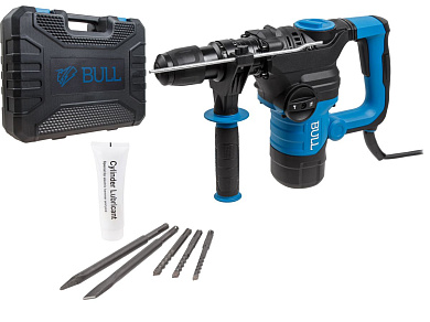 Перфоратор BULL BH 3202 в чем. 1500 Вт, 6,5 Дж, 32 мм, 2 реж. + 2 зуб., 3 сверла, SDS-plus (4,5 кг)