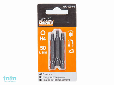 Насадка шестигранник 4мм 1/4" 50мм  3шт GEPARD (GP3400-50) (H4 Hex Shank Hexagon бита под конфирмат сталь S2 магнитная)