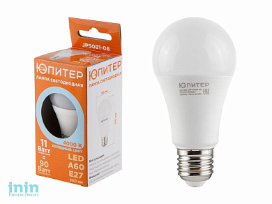 Лампа светодиодная A60 СТАНДАРТ 11 Вт 170-240В E27 4000К ЮПИТЕР (90 Вт аналог лампы накал., 960Лм, нейтральный белый свет)