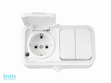 Блок выкл. 2 клав. + розетка (открытая, с/з, брызг. защ.) белая, Пралеска Аква, Bylectrica (Блок выключатель двухклавишный + розетка с заземляющим кон