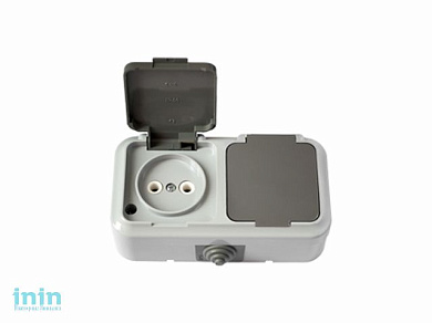 Розетка 2-ая (открытая, б/з, брызг. защ.) серая, Пралеска Аква, Bylectrica (Розетка   РА16-302(03)     штепсельная двухместная брызгозащищенная открыт