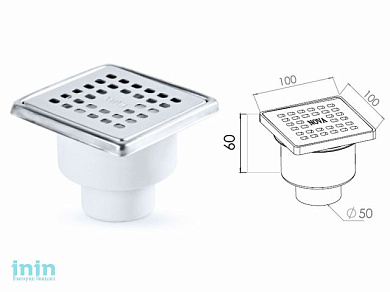 Сливной трап вертикальный D 50 с сухим затвором, с рамкой, решетка нерж. 100х100 мм, NOVA