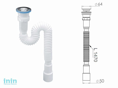 Сифон 1 1/2"х40/50 гофрированный (удлинённый), выпуск 64мм, NOVA