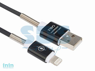 USB кабель для iPhone 5/6/7/8/Х моделей силиконовый шнур с пружиной 1M черный (REXANT)