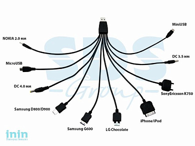 USB кабель 10 в 1 microUSB/miniUSB/30 pin/LG Chocolate/Samsung/SonyEricsson/DC 3.5/DC 4.0/Nokia (REXANT)