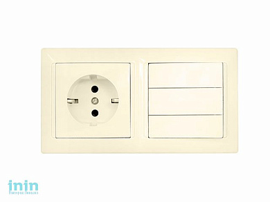 Блок выкл. 3 клав. + розетка (скрытая, с/з) бежевый, Стиль, BYLECTRICA (Блок Выключатель трехклавишный + розетка с заземляющим контактом скрытой устан