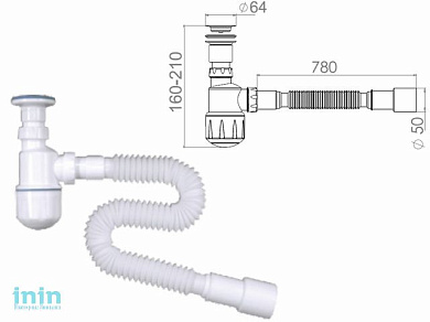 Сифон для биде, выпуск 64мм,  с гибкой трубой 1 1/4"- 40/50мм, NOVA