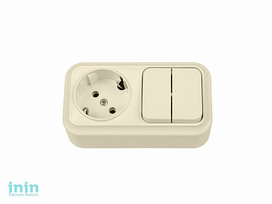 Блок выкл. 2 клав. + розетка (открытая, с/з) бежевая, Вариант, BYLECTRICA (Выключатель двухклавишный + розетка с заземляющим контактом открытой устано