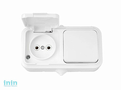 Блок выкл. 1 клав. + розетка (открытая, б/з, брызг. защ.) белая, Пралеска Аква, Bylectrica (Блок выключатель одноклавишный + розетка брызгозащищенный