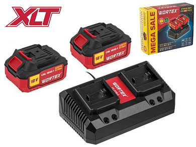 Набор аккумулятор 2х4 А*ч и зарядное устройство 2х2 А WORTEX ALL1 XLT в кор. SET (18.0 В, 2x4.0 А*ч, индикатор заряда, обрезиненный корпус, зарядное: 2 слота, 2 А.)